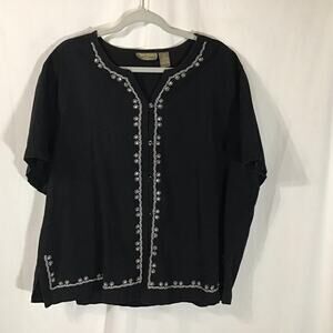 Vintage Jane Ashley Black Boxy Embroidered Cotton Lagenlook Bouse Top 3X